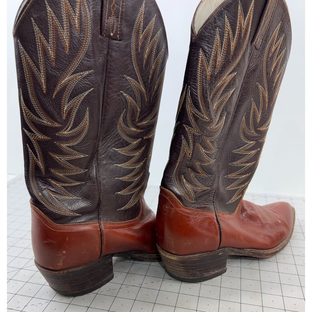 Vintage Dan Post Western Cowboy Boots Leather Sole Men's Size 8 Brown & Tan - Picture 9 of 14